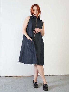 MEG Collared Denim Swing Dress & Long Vest Women XL Cotton Sleeveless Zip Front